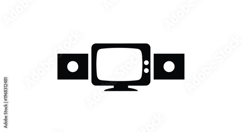 A simple black silhouette depicts a retro television set with two accompanying speakers high quality professional