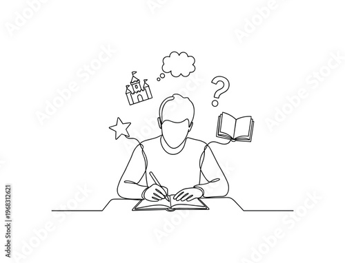 Story Crafting. Minimalistic one-line drawing person writing with floating narrative icons, continuous single black line on white background, simple outline