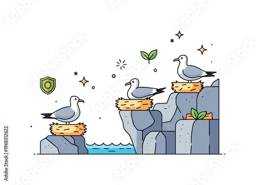 Seagulls nesting cliff scene where birds sit in nests on rocky ledges while small sparkle and leaf icons emphasize protection, reproduction, and natural