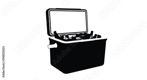 A black and white illustration depicts an open cooler with bottles and cans inside high quality