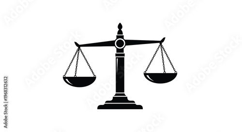 A black and white illustration depicts a traditional balance scale symbolizing justice and fairness high quality