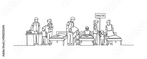 Evacuee Assistance. Minimalistic one-line drawing volunteers helping people at emergency shelter, continuous single black line on white background, simple