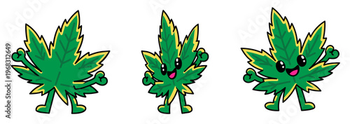 Cute cartoon cannabis leaf emoji in three viws- front, back and side view, for 420 celebration isolated on transparent background, funny marijuana mascot sticker