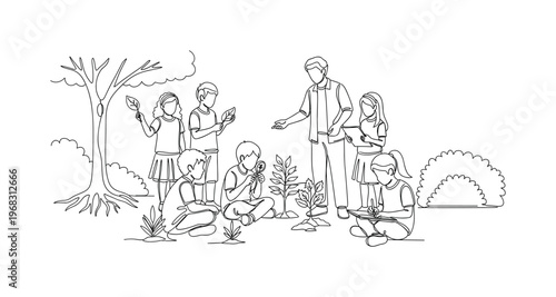 School Outdoor Lesson. Minimalistic one-line drawing children learning about plants and ecosystems, continuous single black line on white background, simple