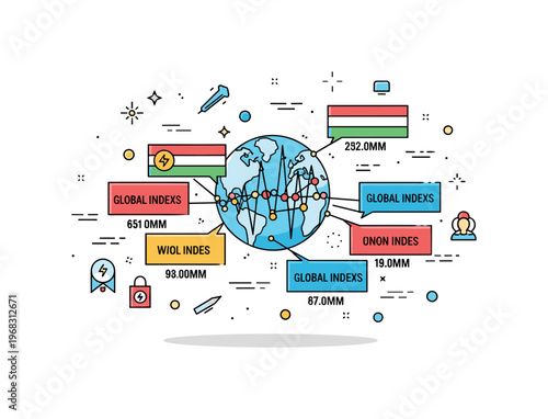 Volatile markets global market trend scene where multiple country indexes are displayed with fluctuations while small sparkle and line icons