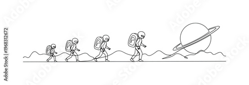 Extraterrestrial Scene. Minimalistic one-line drawing Martians moving across planet landscape, continuous single black line on white background, simple outline
