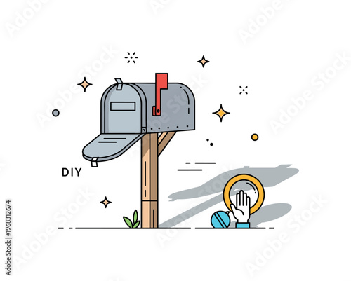 Replacing the mailbox early morning setup scene where a new mailbox is placed with sunlight casting shadows while small sparkle and line icons emphasize