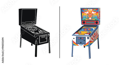Side by side comparison of a pinball machine and its colorful counterpart silhouette