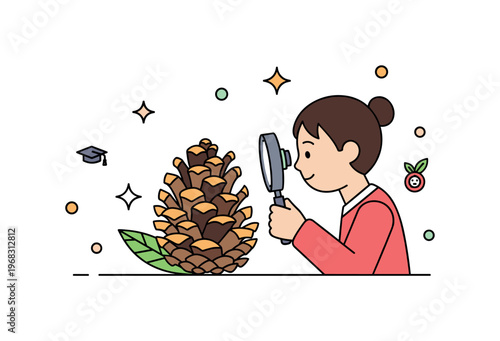 Pinecone wildlife observation concept where a child examines a pinecone with magnifying glass while small sparkle and star icons emphasize curiosity, learning,