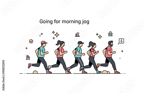 Going for a morning jog group fitness trail concept where several people jog together while small sparkle and star icons emphasize motivation, teamwork, and