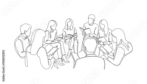 Reading Meetup. Minimalistic one-line drawing individuals holding books and talking in circle, continuous single black line on white background, simple outline