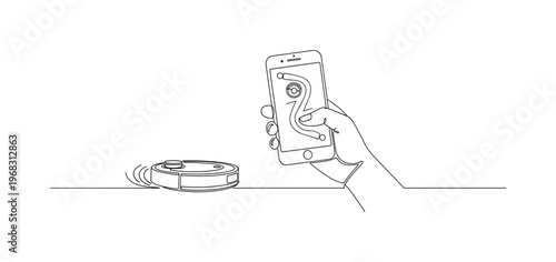 Vacuum Control. Minimalistic one-line drawing hand holding smartphone with robot vacuum moving on floor, continuous single black line on white background,