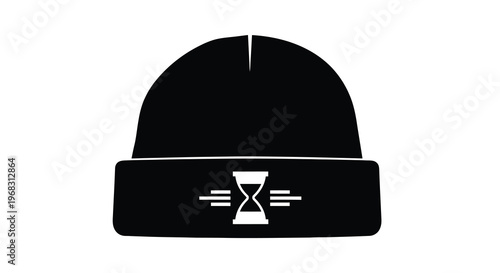 A black beanie hat with a white hourglass emblem centered on the brim high quality professional
