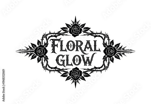 Floral Glow. lettering and all elements in black. Vector style. AWhite background. Pure white background. Perfect isolation and visual consistency.