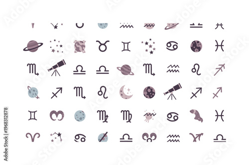 zodiac icons seamless pattern, repeating pattern, surface design, textile print, modern illustration of constellations, star patterns, planets,