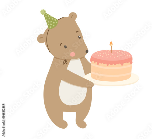 Cute bear with birthday hat and cake, vector animal character illustration for celebration and baby greeting design
