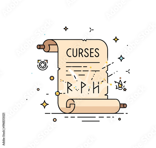 Curses forbidden spell scroll scene where an old parchment emits glowing runes while small sparkle and star icons emphasize danger, magic, and supernatural