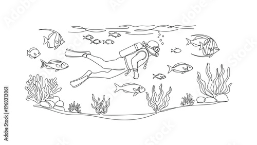 Underwater Scene. Minimalistic one-line drawing scuba diver surrounded by fish and underwater plants, continuous single black line on white background, simple
