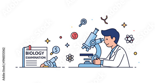 Biology microscope examination concept where a scientist observes samples through a microscope while small sparkle and star icons emphasize research, detail,