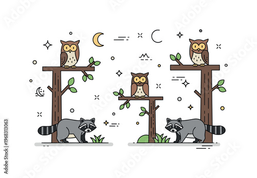 Forest animals nocturnal activity concept where owls, raccoons, and bats are active in a forest scene while tiny sparkle and star icons highlight nighttime
