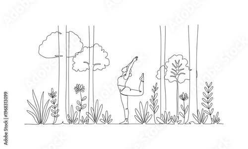 Forest Stretch. Minimalistic one-line drawing individual in extended yoga posture among trees and plants, continuous single black line on white background,