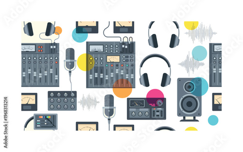 sound engineering patterns seamless pattern, repeating pattern, surface design, textile print, modern illustration of mixing consoles, microphones, headphones,