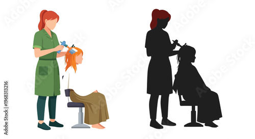 Hairdresser cutting a client s hair with a vibrant color contrast silhouette