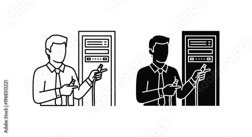 Man interacting with server rack depicted in a stark silhouette