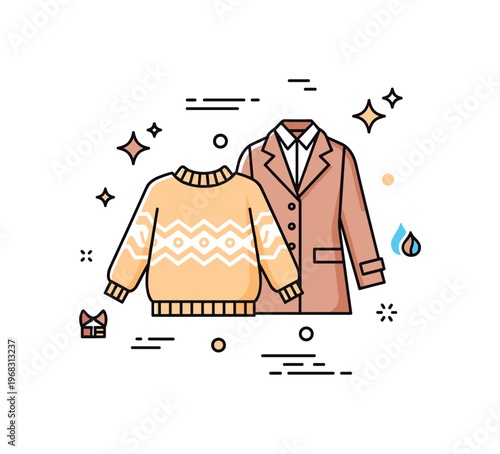 Sweater layering fashion concept where a sweater is paired with a shirt or coat while small sparkle and line icons emphasize style, comfort, and seasonal