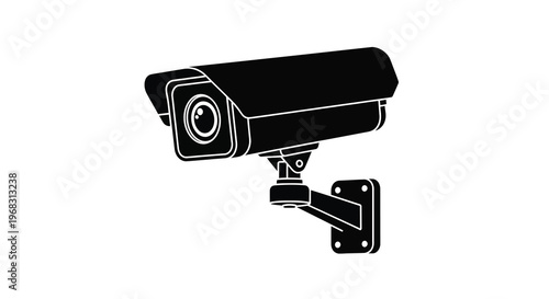 A black and white silhouette of a security camera mounted on a wall bracket facing forward