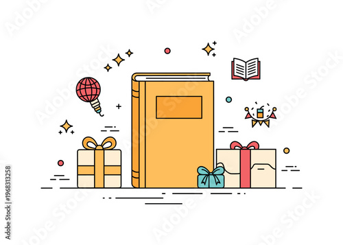 Hardcover book gift scene where a hardcover edition is presented with wrapping paper and ribbon while small sparkle and line icons emphasize thoughtfulness,