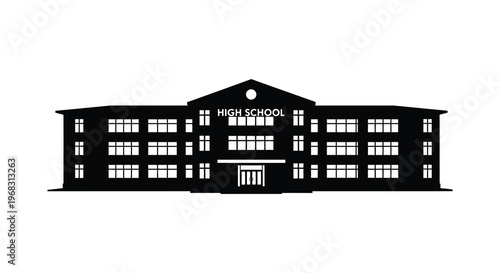 Classic high school building facade in a stark black silhouette