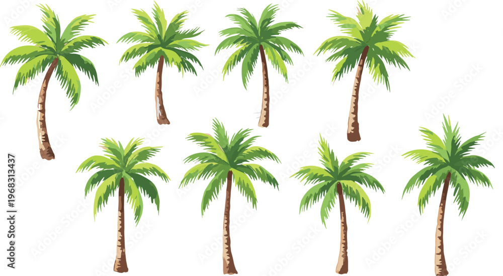 Obraz premium Set of tropical palm trees with green fronds and brown trunks isolated on white background for summer vacation travel and island landscape design.