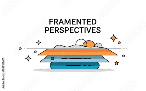 Fragmented perspectives layered horizon abstract scene where multiple overlapping planes and perspectives merge while small sparkle and star icons emphasize