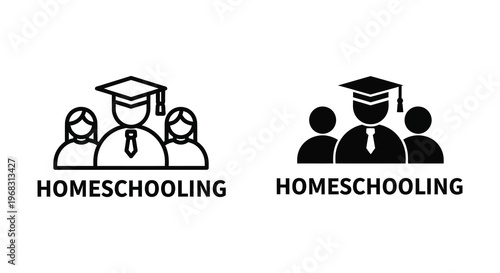 Homeschooling graduation icons depict students and teachers black silhouette