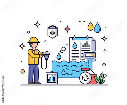 Environmental data water quality monitoring scene where a researcher measures river or lake conditions while small sparkle and droplet icons
