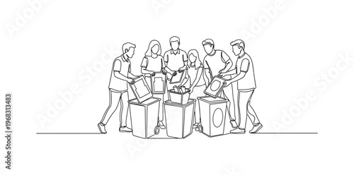Community Waste Sorting. Minimalistic one-line drawing group organizing trash into recycling bins with labels, continuous single black line on white
