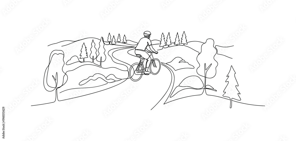 Obraz premium Trail Biking. Minimalistic one-line drawing person cycling along forest path with small hills, continuous single black line on white background, simple outline