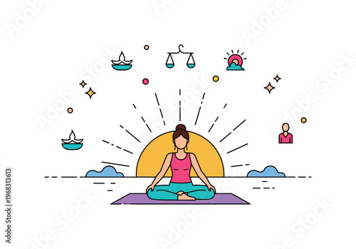 Yoga at sunrise tranquil lake scene where a person performs meditation on a yoga mat at the water?s edge while tiny sparkle and star icons highlight