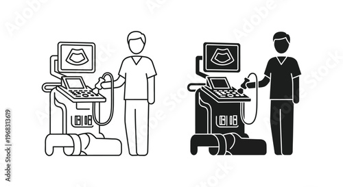 Medical professional performing ultrasound scan with diagnostic equipment silhouette