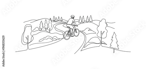 Trail Biking. Minimalistic one-line drawing person cycling along forest path with small hills, continuous single black line on white background, simple outline