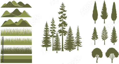 Set of green nature design elements including mountain silhouettes grass borders and various evergreen tree shapes isolated on white background for landscape vector art.