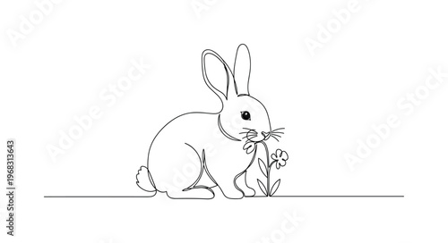 Rabbit Nibbling. Minimalistic one-line drawing small bunny eating plant, continuous single black line on white background, simple outline style, no shading, no