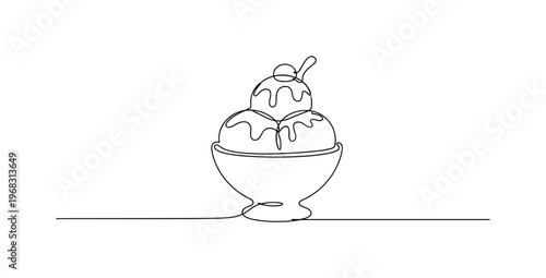 Sundae Dessert. Minimalistic one-line drawing ice cream scoop in bowl with topping, continuous single black line on white background, simple outline style, no