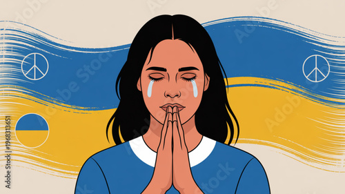 Woman praying with tears in front of ukraine flag background with peace symbols