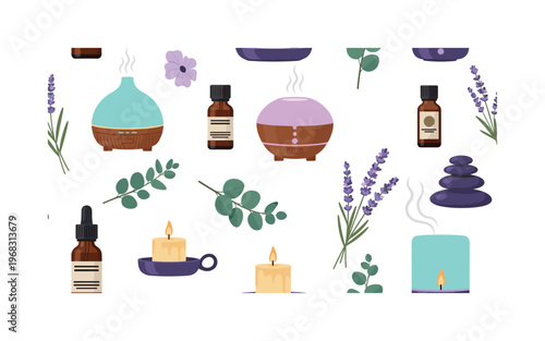 calming scents patterns seamless pattern, repeating pattern, surface design, textile print, modern illustration of diffusers, essential oil bottles, lavender