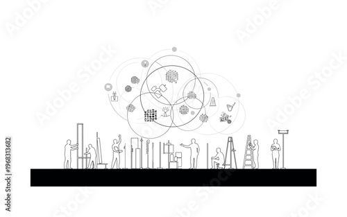 rehearsal prep circular shapes thin lines and abstract script icons realistic monochrome team arranging stage and props while actors rehearse with white