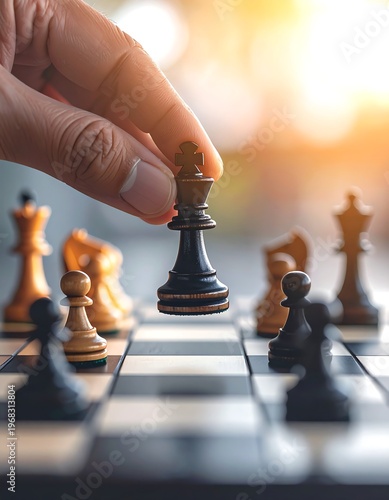 Close-up view of a hand carefully moving a black king chess piece on a chessboard, other pieces in soft focus