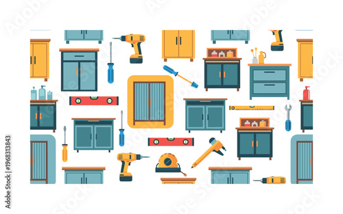 countertop work seamless pattern, repeating pattern, surface design, textile print, modern illustration of cabinets, countertops, drills, screwdrivers,