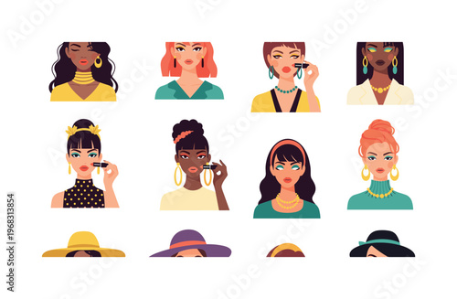 makeup motifs seamless pattern, repeating pattern, surface design, textile print, modern illustration of models posing, bold eyeshadow, lipstick, colorful